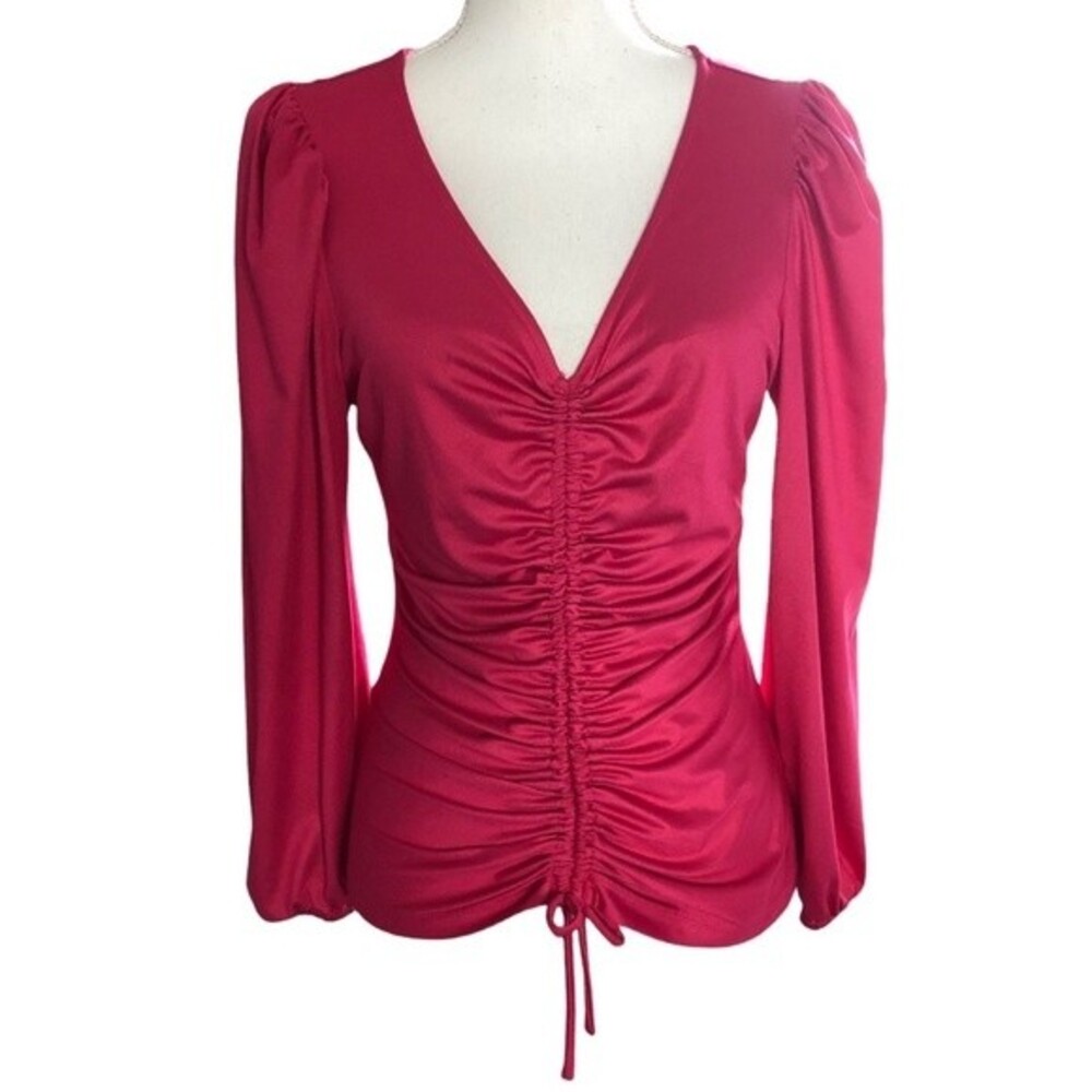Andrew Marc New York Pink Satin Long Sleeve Front Ruched Blouse